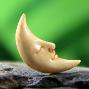 May include: A carved ivory crescent moon with a sleeping face. The moon is a light cream color and is resting on a gray stone surface.
