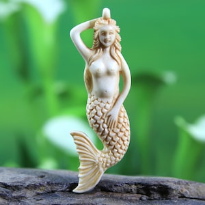Mermaid Pendant Hand Carved Bone Antique Look Side Drilled Necklace Centerpiece