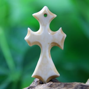 Hand Carved Bone Antique Look Cross Pendant Christian Jewelry