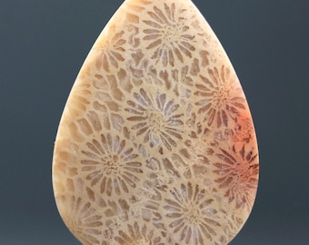 Pode incluir: Uma pedra preciosa polida em forma de gota, nas cores bege e laranja claro. A superfície é coberta por um padrão detalhado de pequenas formas florais, criando uma aparência texturizada. A pedra tem um acabamento liso e brilhante.