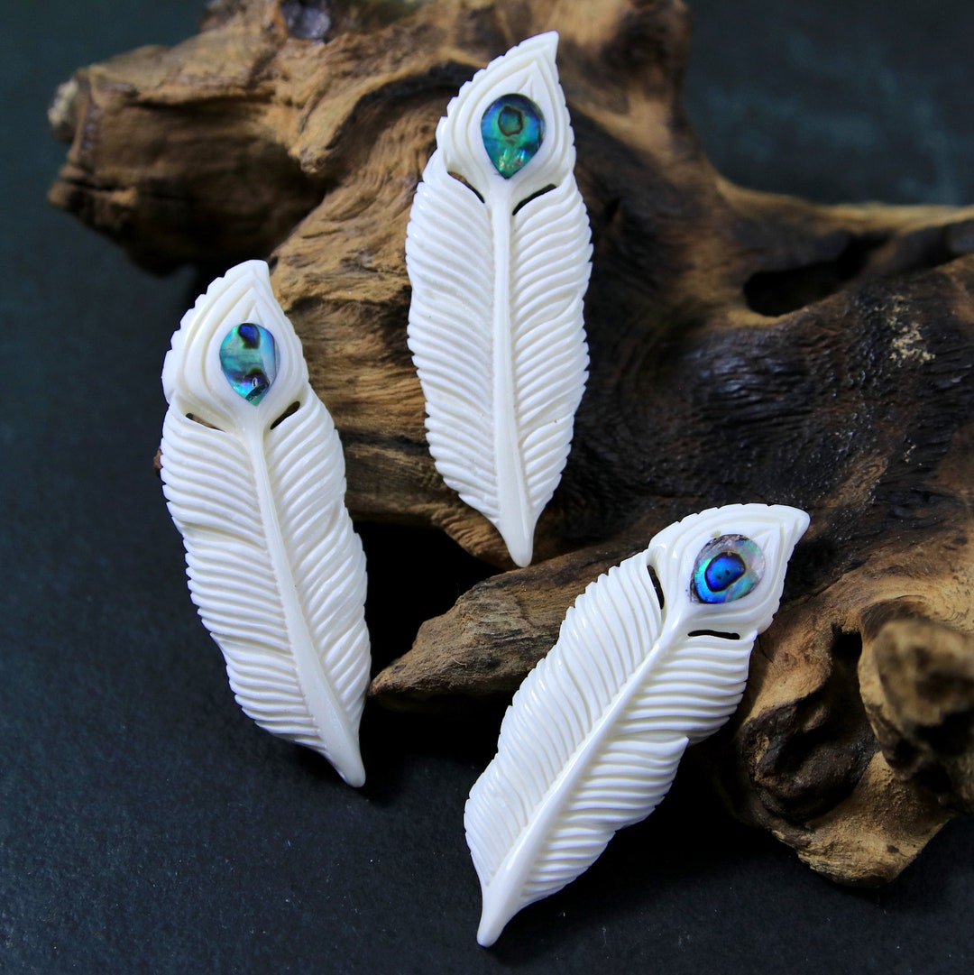 Hand Carved Bone Feather Pendant With Abalone Inlay Side Drilled, DIY ...