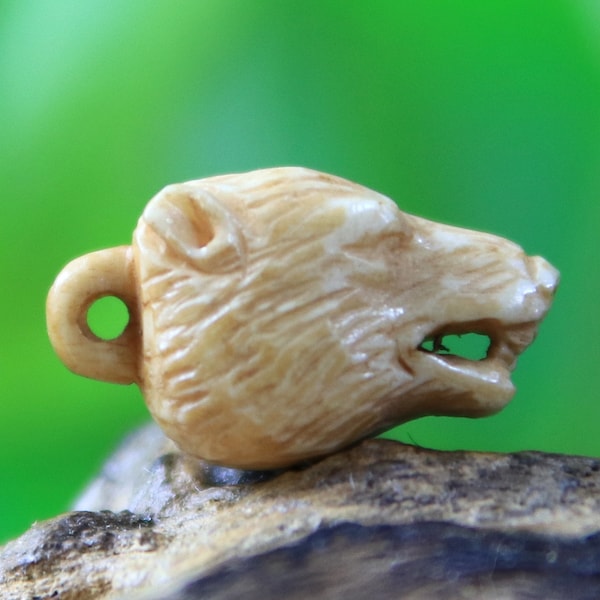 Hand Carved Bone Bear Charm, Animal Totem Leather Cord Necklace Embellishment