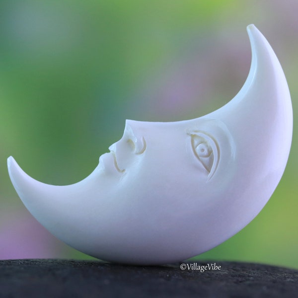 Large Crescent Moon Reversible Bone Carving Double Sided Cabochon