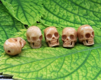 Hand Carved Bone Set of 5 Skull Sculpture Top Drilled Beads Antique Look