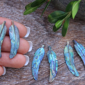 Hand Carved Abalone Shell Feather Earrings Pair Bohemian Jewelry