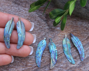 Hand Carved Abalone Shell Feather Earrings Pair Bohemian Jewelry