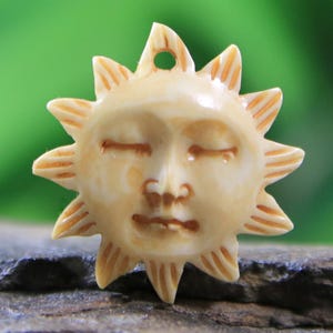 Sun Face Pendant Hand Carved Bone Charm Antique Look