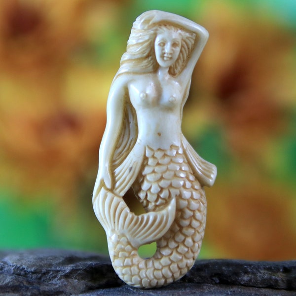 Mermaid Pendant Bone Carving Cabochon Antique Look Necklace Centerpiece