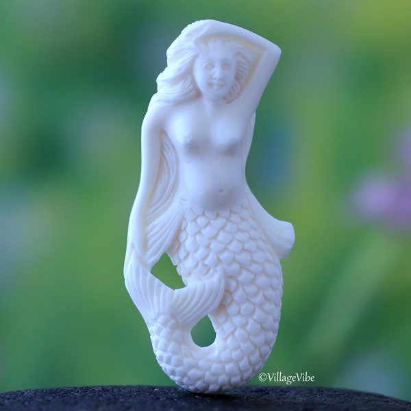 Mermaid Pendant Hand Carved Bone, Side Drilled Necklace Centerpiece