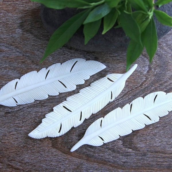 Extra Large Feather Hand Carved Water Buffalo Bone Cabochon