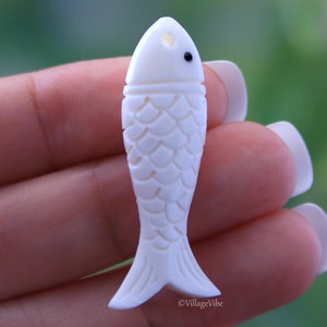 Reversible Fish Charm Hand Carved Bone Pisces Pendant, Drilled Beads