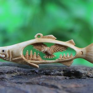 Fish Eagle Bone Carving Pendant Spirit Animal Totem Antique Look