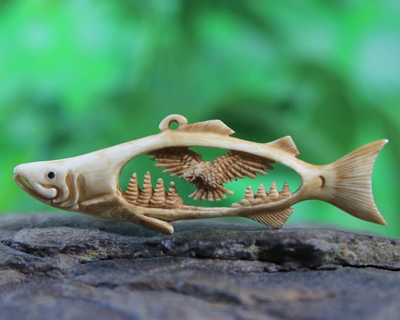 Fish Eagle Bone Carving Pendant Spirit Animal Totem Antique Look