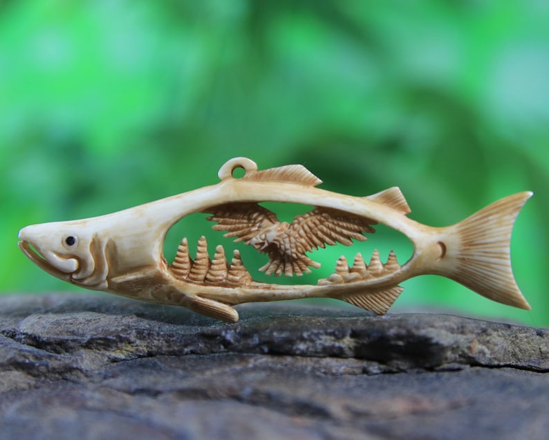 Fish Eagle Bone Carving Pendant Spirit Animal Totem Antique Look image 1