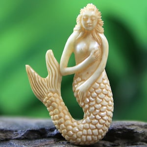 Hand Carved Bone Mermaid Pendant Antique Look
