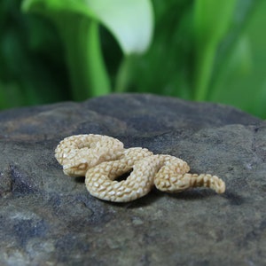 May include: A small, white, carved snake figurine with a detailed, scaly texture. The snake is curled up in a resting position on a gray rock.