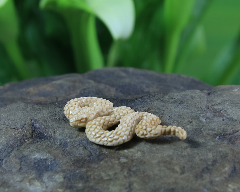 May include: A small, white, carved snake figurine with a detailed, scaly texture. The snake is curled up in a resting position on a gray rock.