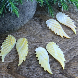May include: Four pairs of white and yellow angel wings made from mother of pearl. The wings are carved with intricate details and have a natural iridescent sheen.