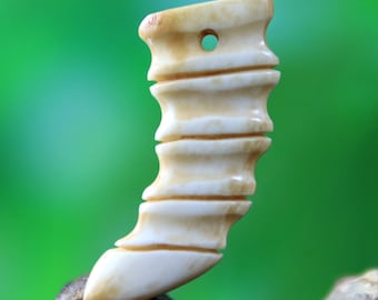 May include: A white carved bone pendant with a hole at the top for hanging. The pendant is shaped like a tooth and has a wavy, textured surface.