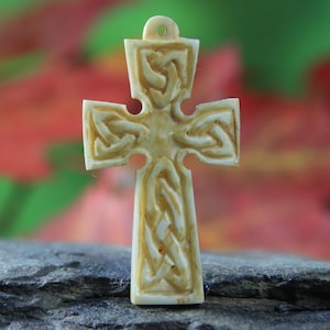 Cross Pendant Hand Carved Bone Religious Jewelry Antique Look