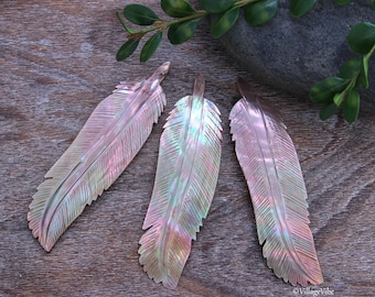 Hand Carved Pink Mother of Pearl Feather Pendant