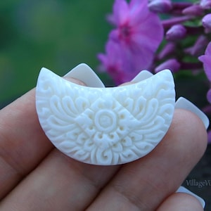 Crescent Moon Cabochon Carved Buffalo Bone Detailed Carvings Traditional Style Jewelry Making Supply