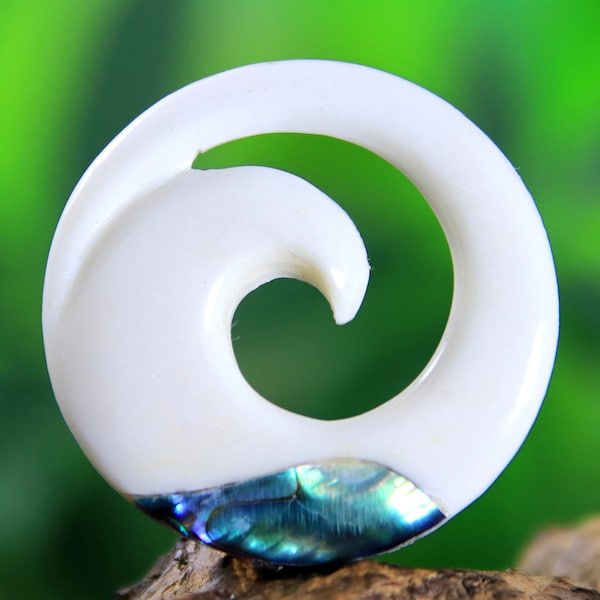 Hand Carved Bone Koru Pendant: Abalone Inlay Hawaiian Charm