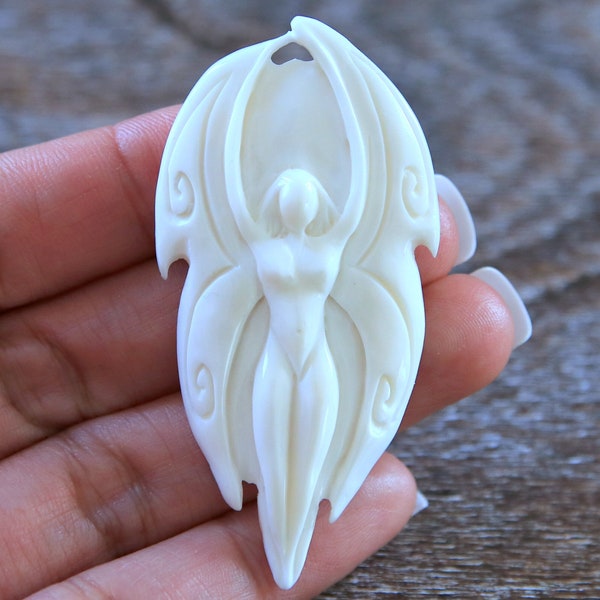 Pendentif de déesse en os sculpté à la main, sculpture d’ange gardien