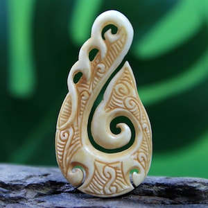 Hand Carved Bone Pendant Fish Hook Antique Look Men Jewelry