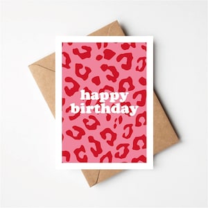 Buon compleanno, Biglietto di auguri con stampa leopardo rosa e rosso, biglietto funky, biglietto stampa leopardo