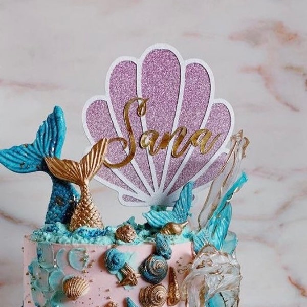 Mermaid Shell cake topper & cupcake charms - personalised name