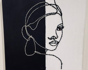 Embroidery on canvas art painting/ One line art/ Threaded canvas/ Abstract women face