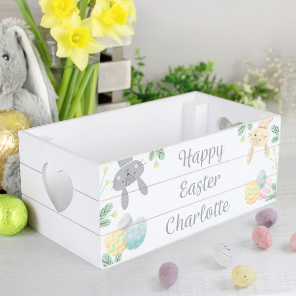 Personalised Small Easter White Wooden Crate, Wooden Easter Crate, Wooden Crates, Personalised Easter Gifts, Easter Basket, Kids Easter Gift