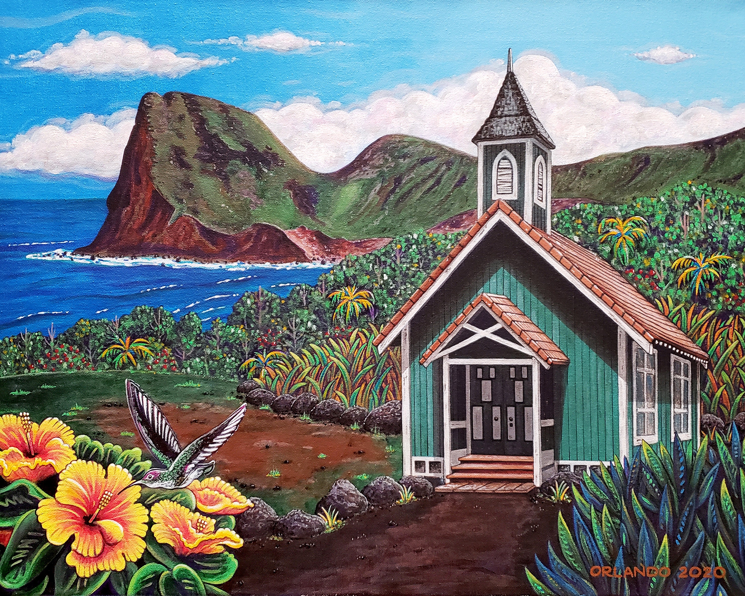 Maui Church Scene With Hummingbird Etsy