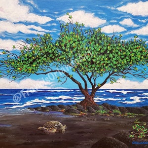 May include: A painting of a green tree with red berries growing on a black sand beach with a blue ocean and white clouds in the sky. A sea turtle is on the beach in the foreground.