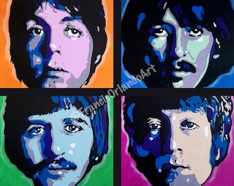 May include: A digital painting of four portraits of the same person, each with a different colored background. The portraits are in a pop art style, with bold colors and outlines. The person in the portraits has dark hair and a mustache.