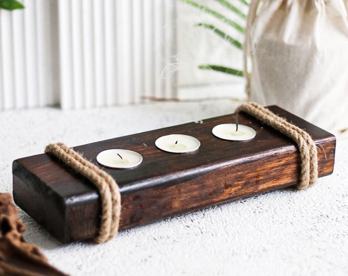 Rope Decorative Candle Holder, Wooden Candle Holder, Reclaimed Wood, Wooden Tea Light Holder for 3 Candles, Gift Ideas, tealight holder