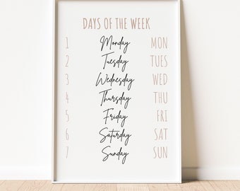 Days of the Week Print | Educational Poster | Neutral Classroom Art | Days Print | Week Print | Classroom Poster | Nursery Art | School