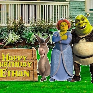 Happy birthday from Shrek , Fiona Donkey and dragon you can add a sign if you would like