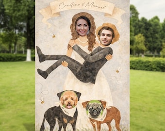 Custom Wedding Photo Prop 5 ft– Personalized Couple Portrait Cutout – Wedding Decor & Photo Booth Prop with or without dog photos