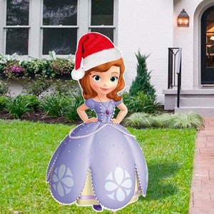May include: A purple princess dress with white floral designs and a pearl necklace. The princess is wearing a red Santa hat and has brown hair.