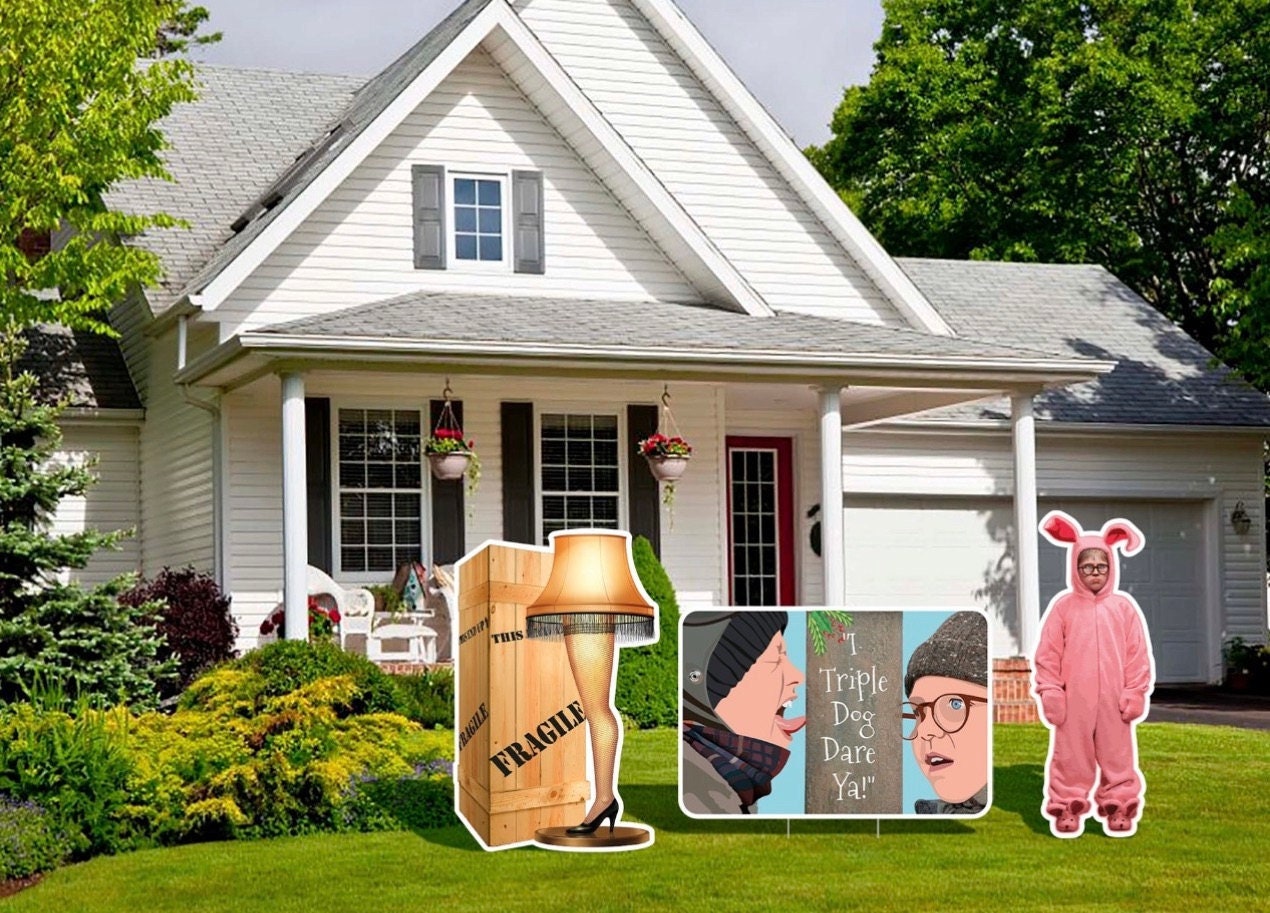 YARD SIGN  A Christmas Story Leg lamp, tongue stuck on flagpole, Ralphie bunny suite