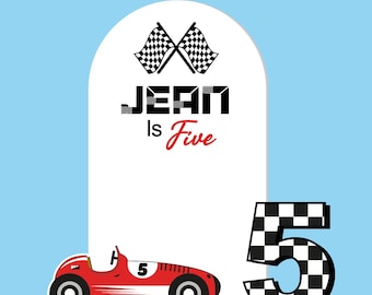 Race Car Party Decor Set with Personalized Backdrop, car and Number "5" Cut Out