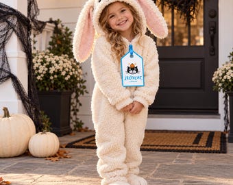 May include: A cream-colored, fuzzy, one-piece hooded jumpsuit featuring long, floppy bunny ears with pink inner linings. A blue rectangular tag hangs from the zipper, displaying a black cat illustration and the text JELLYCAT LONDON.