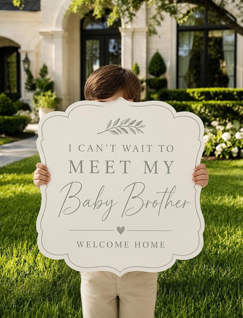 May include: A decorative sign with a scalloped edge, held by a person, features the text "I CAN'T WAIT TO MEET MY Baby Brother WELCOME HOME" in gray lettering. The sign has a light gray border and a sprig of leaves at the top. The background includes a house and green grass.