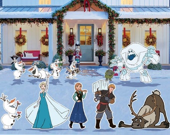 May include: A festive winter scene with a variety of characters from the movie Frozen.  The characters include Elsa, Anna, Olaf, Kristoff, Sven, and Marshmallow.  The characters are standing in front of a house decorated for the holidays.