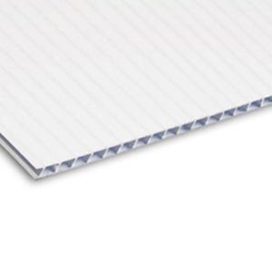 May include: A white corrugated plastic sheet with a ribbed surface. The edges reveal a honeycomb-like structure. The material appears to be lightweight and durable, suitable for signage or display purposes.