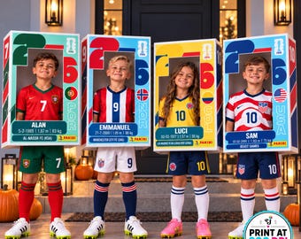 May include: Four children wearing soccer uniforms inside custom Panini-style display boxes. Each box features a player name, birth date, height, weight, club, and country flag. The uniforms include jerseys and shorts with numbers and team logos.