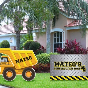 May include: A yellow construction truck with the name Mateo on the side. A sign with black and yellow stripes reads Mateo's Construction Zone 4.