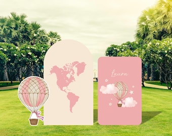 Whimsical Pink Hot Air Balloon Baby Shower or Birthday Backdrop set Personalized Pink Travel Theme